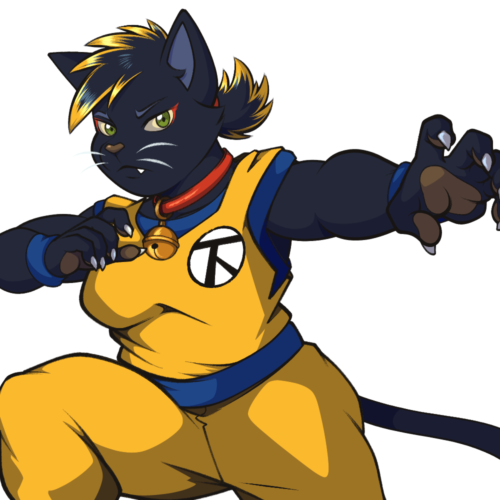 Image of Kiki Maneko - a black cat in yellow martial arts clothing in a fighting stance